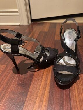 GUESS Black Studded Patent & Fabric High Heel Sandals